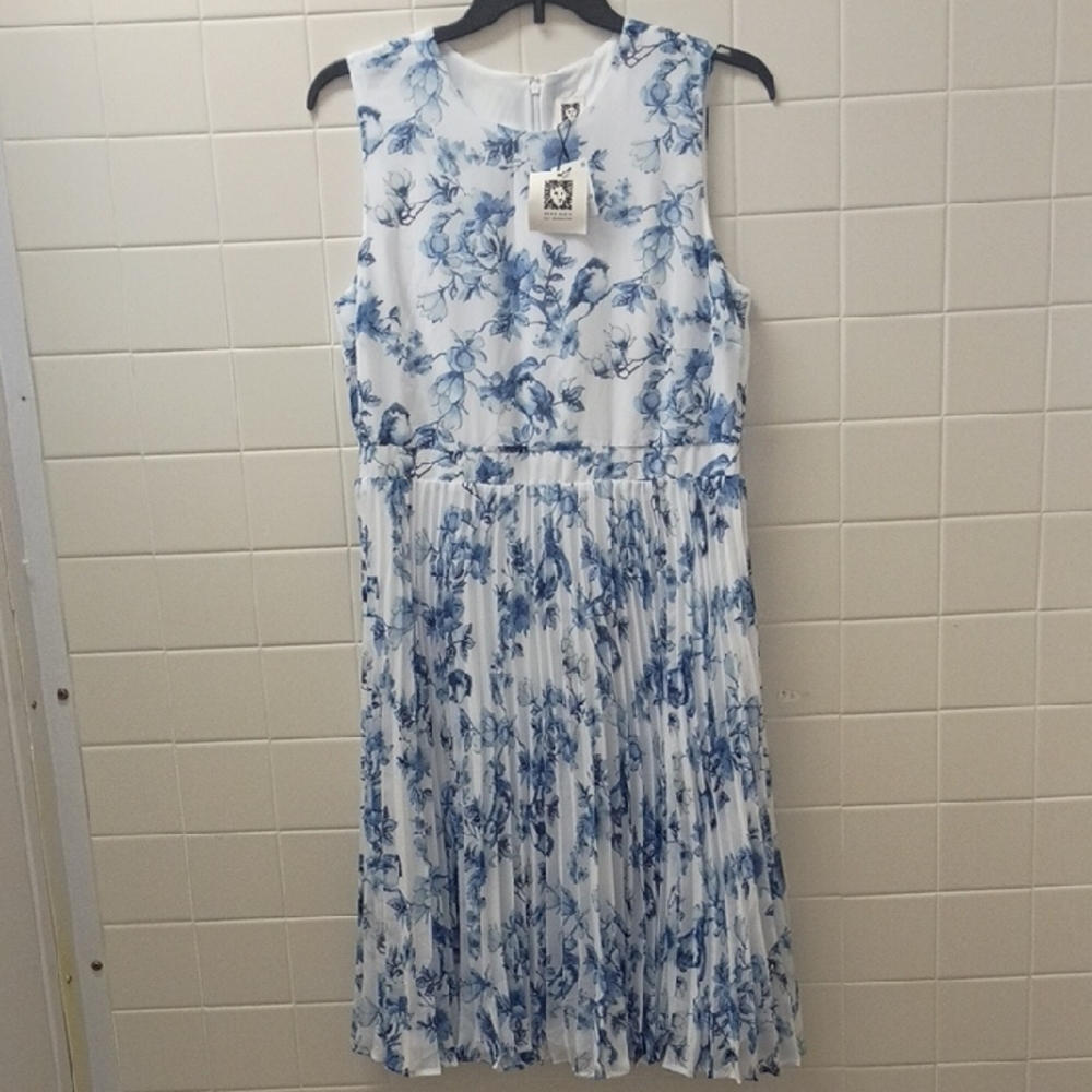 Anne Klein White and Blue Pleated Midi Dress